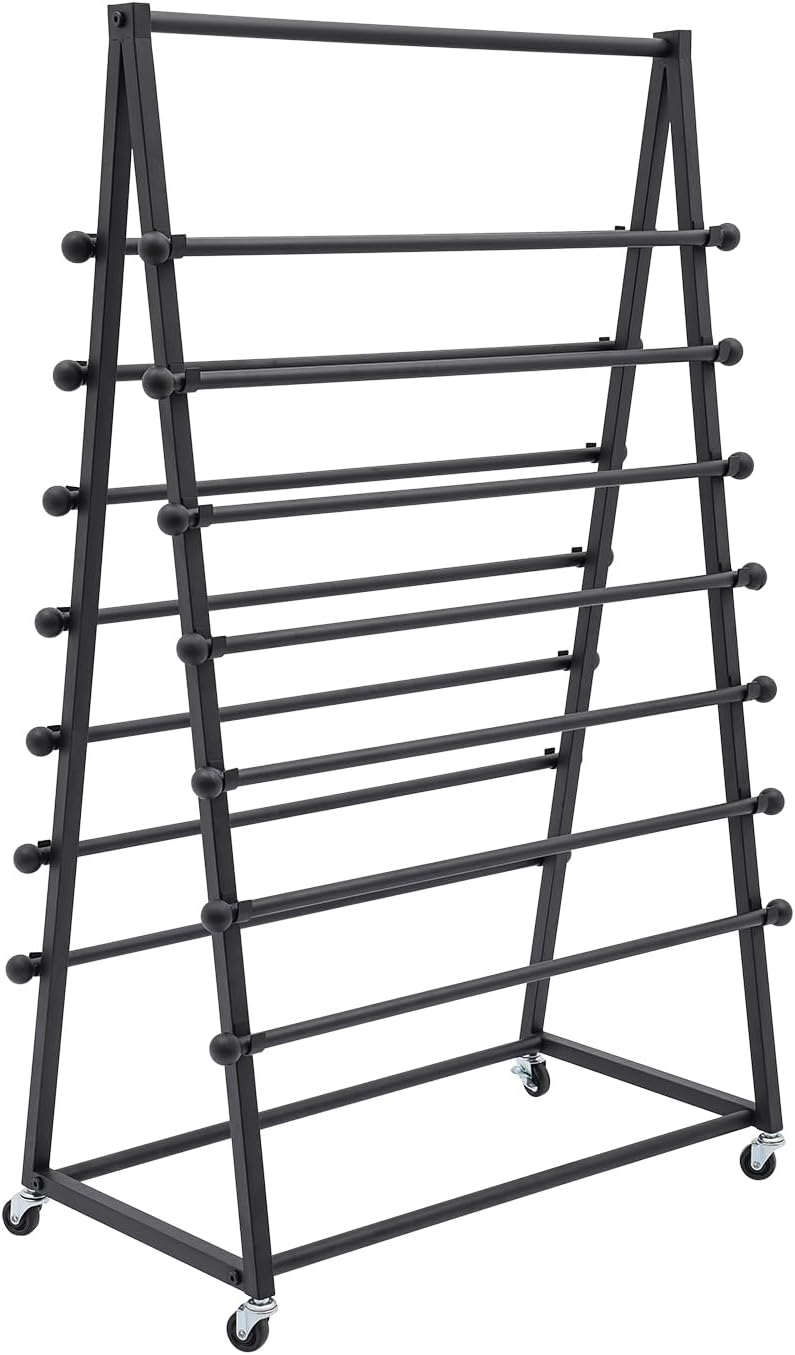 8-Tier Ribbon Organizer,14 Removable Bars, Freestanding Scarf and Towel Storage Rack on Wheels, Carbon Steel Craft Display Stand, for Home, Craft Room, and Gift Shop