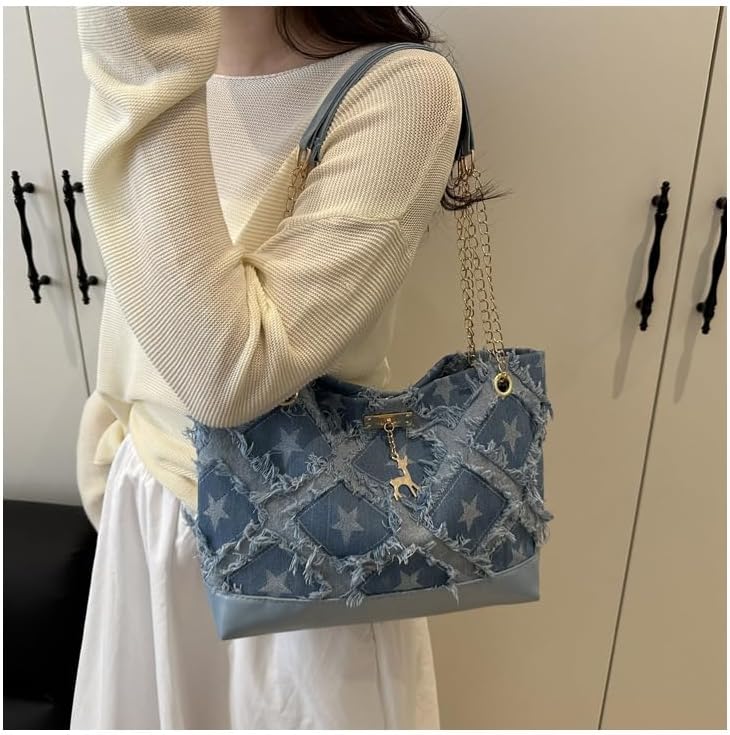 Y2K Denim Shoulder Bag for Women - Large Capacity Tote Jean Purse, Retro Star Pattern Vintage 90s Handbag, Cute Denim Purses for Women - Image 3