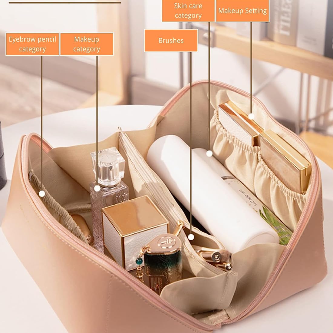 1pcs Borsa Cosmetica da Viaggio,Borsa Cosmetica da Donna in Morbida Pelle PU, Borse da Toilette Impermeabile Portatile,Perfetto per Viaggio/All'aperto,il rosa