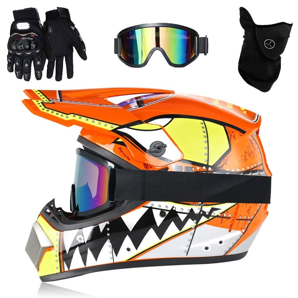 Casque de Motocross Pour Jeunes, Casque de Moto Pour Enfants, MX, Quad, Enduro, Dirt Bike, Casque de Moto IntéGral Pour Adultes, avec Lunettes, Masque, Gants(Orange teeth,S(52-53cm))