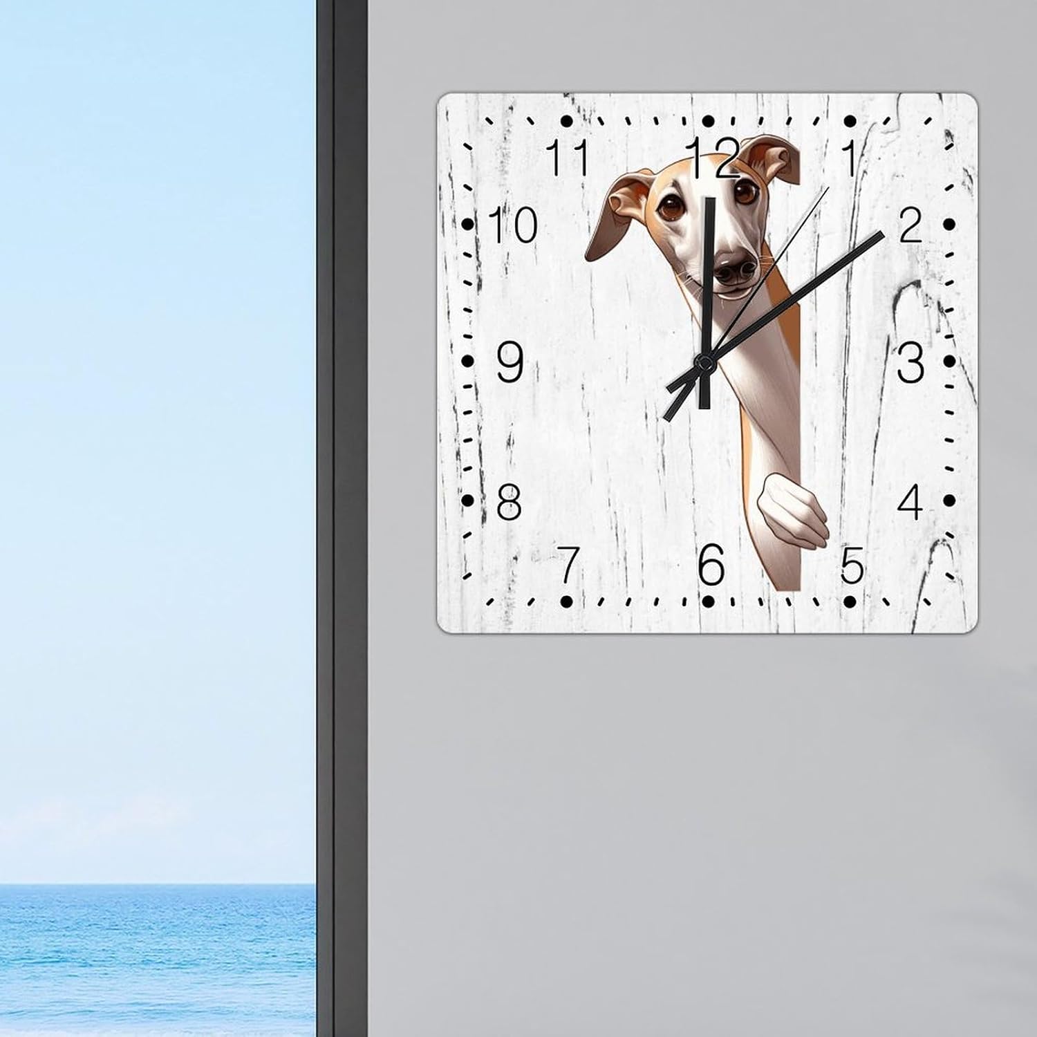 Greyhound Dog Peeking ASquare Corner Clocks Greyhound Wooden Decorative Clocks Battery Operated Square Clock Dog Mom Gift Hanging Wall Clock for Laundry Room Bedroom 12x12in
