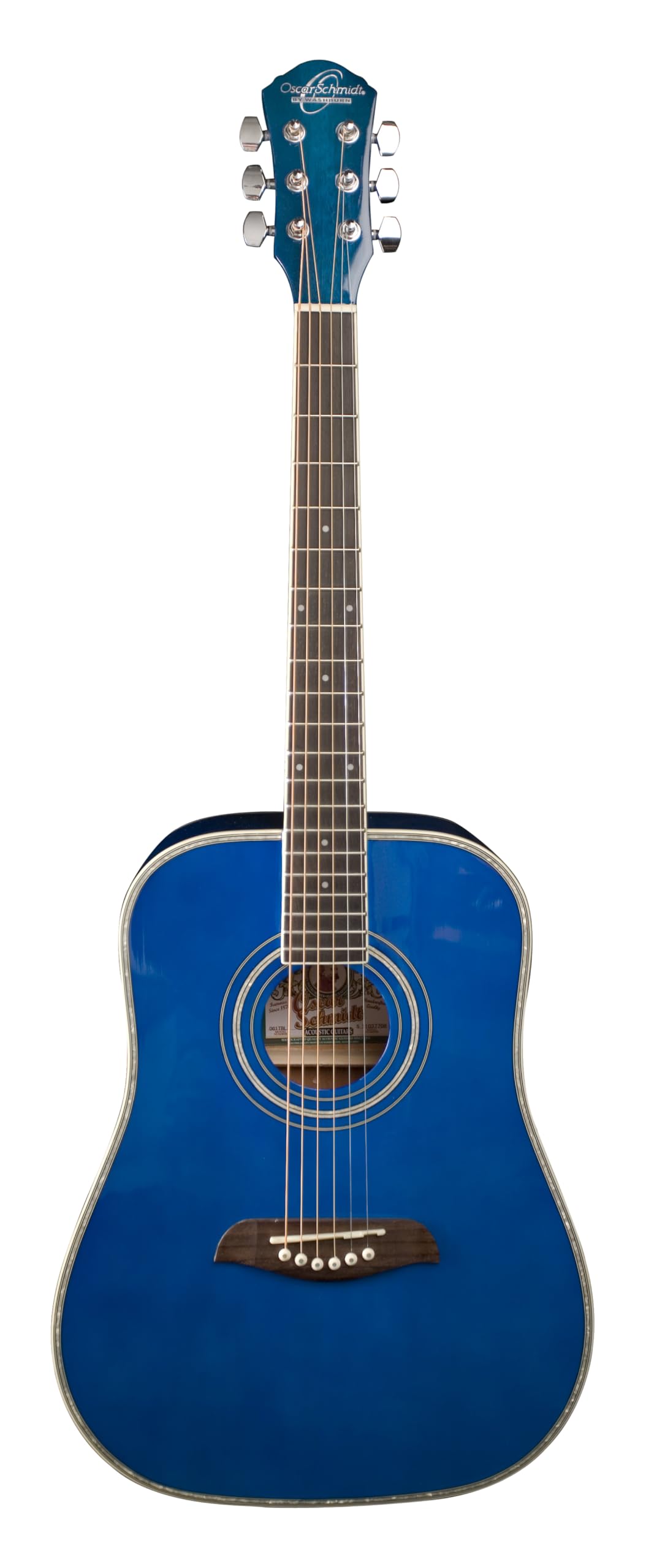 Oscar Schmidt OG1TBL-A 3/4 Size Dreadnought Acoustic Guitar. Transparent Blue