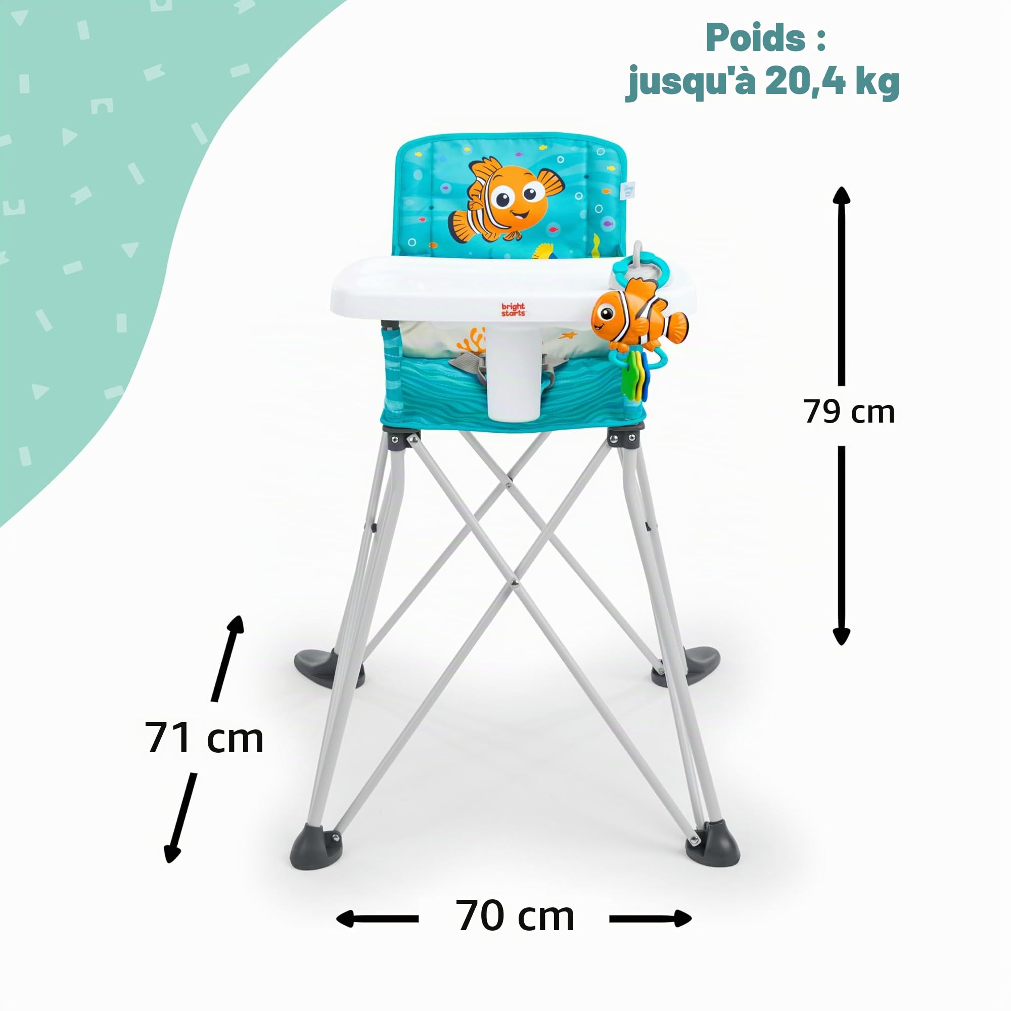 Bright Starts, Chaise Haute Portable Disney Nemo Pop 'N Dine - Jouet Nemo à Ventouse, Pliage Compact, Utilisation Intérieure/Extérieure, Gain de Place, 6 Mois à 20 kg