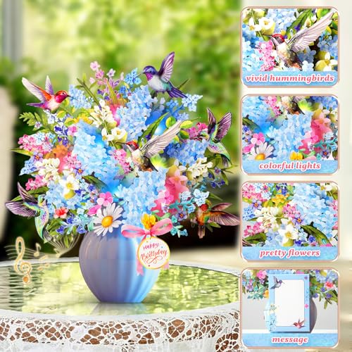 Image of APOTODITO Birthday Card, Hummingbird Birthday Card with Music and Lights, Flower Bouquet Card for Women Mom Wife