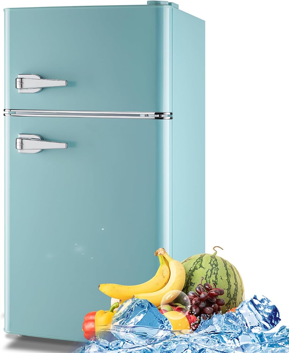 3.5 Cu.Ft Retro Mini Fridge with Handle Compact Refrigerator Blue | Dual Door Refrigerator with Freezer 7 Gears Temperature Control Ideal for Bedroom Dorm Office
