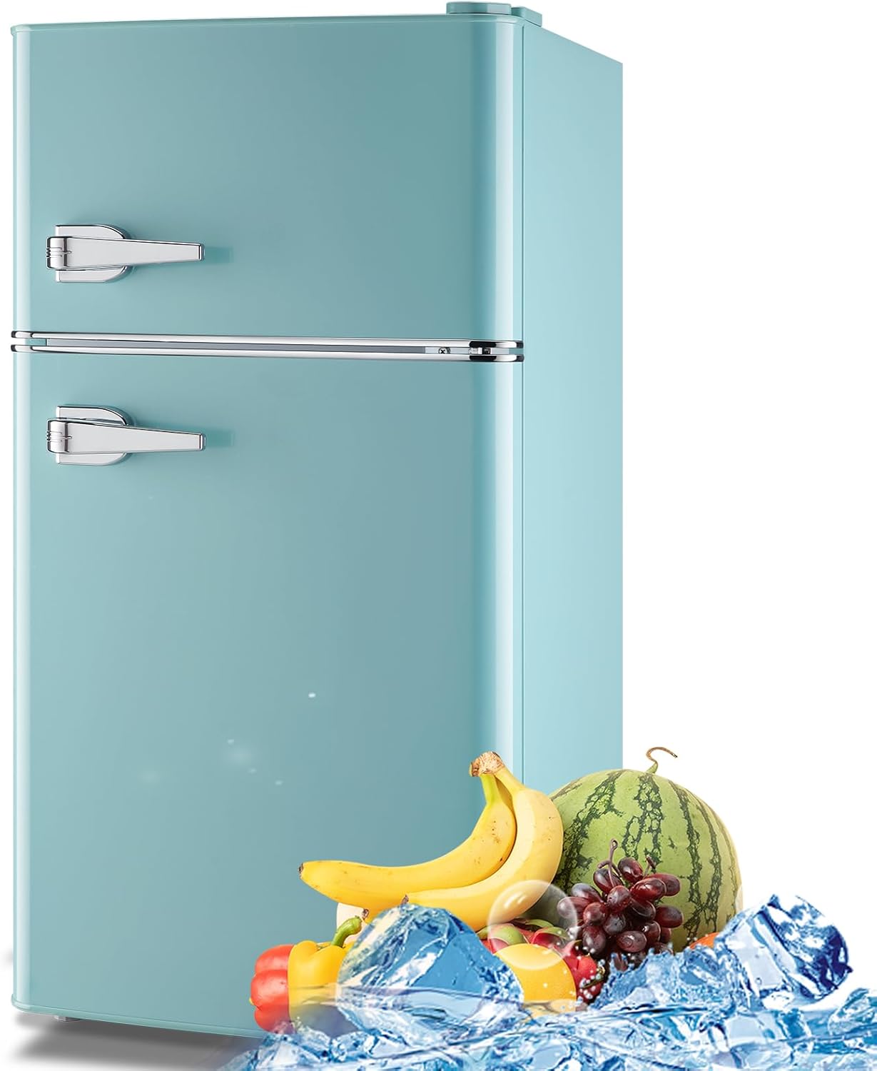 WANAI 3.5 Cu.ft Retro Mini Fridge with Freezer Small Retro Dual Door Refrigerator Freestanding Compact Refrigerator with Freezer 2 Door Mini Fridge for Bedroom, Dorm, Office Blue