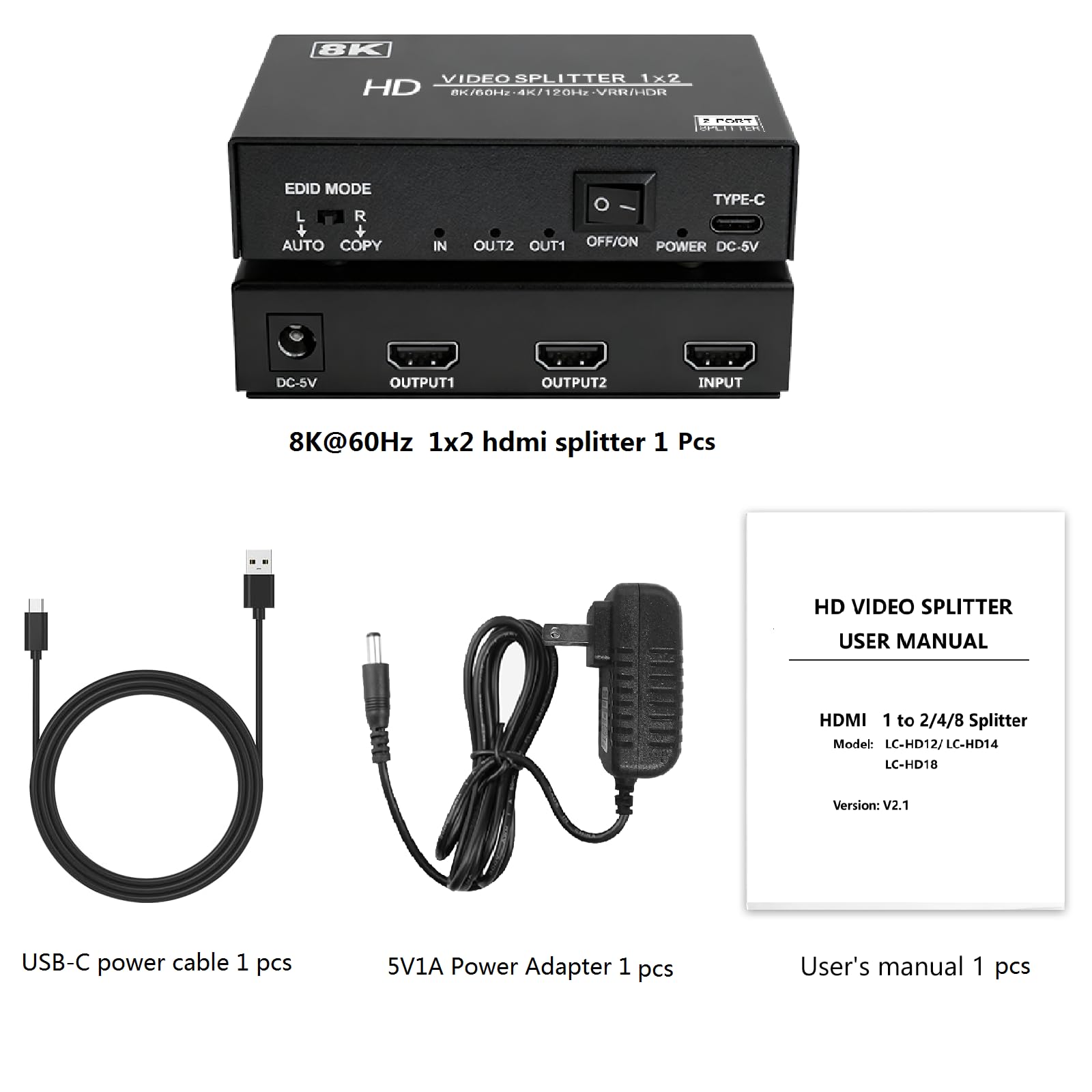 Splitter HDMI 8K 1 in 2 Out, 1x2 hdmi 2.1 Splitter 8K @60Hz 4K @120Hz, 48 Gbps, EDID, Auto Down Scaler, HDCP 2.3, VRR, HDR10+, 3D, solo schermi duplicazioni/mirror (non estendibili) per PS5, Xbox
