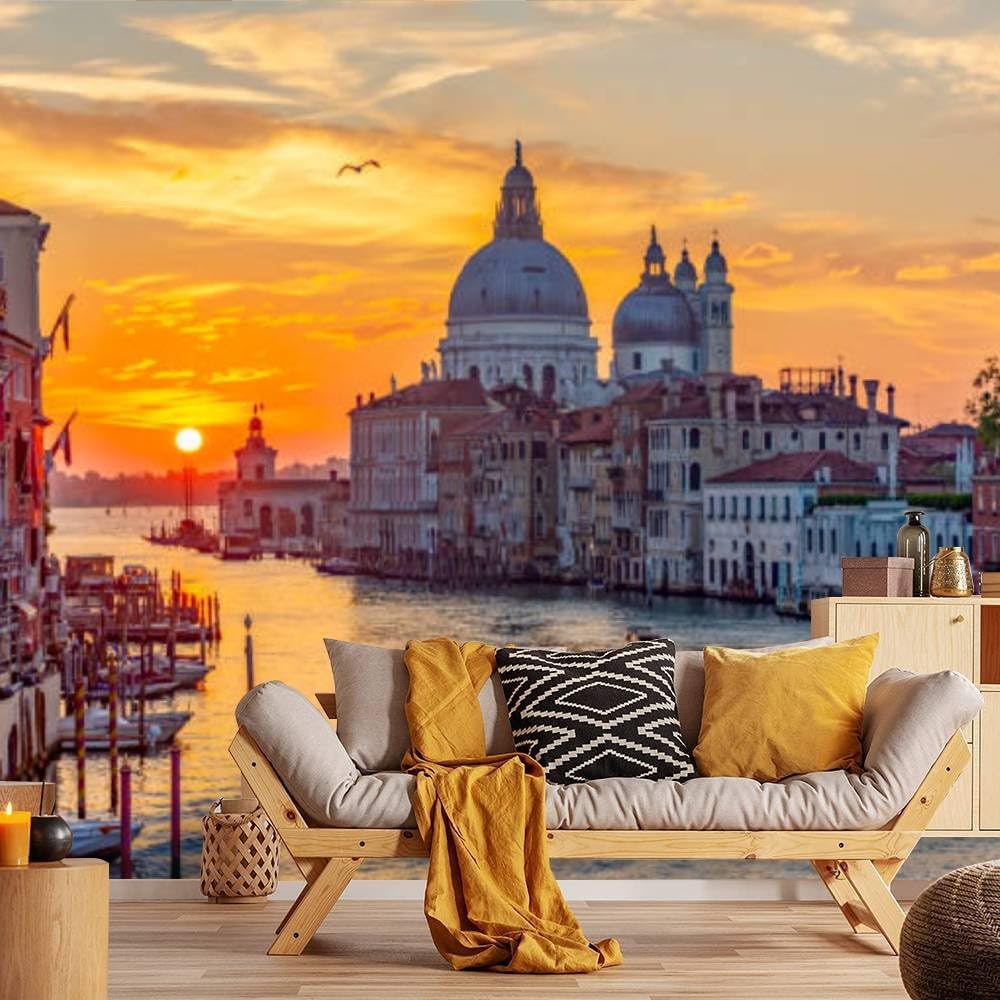 Modern Wallpaper Murals 3D Venice Grand Canal Della Church at Sunrise Italy Peel and Stick Removable Self-Adhesive PVC Wall Stickers for Nursery Kids Bedroom TV Wall Decor