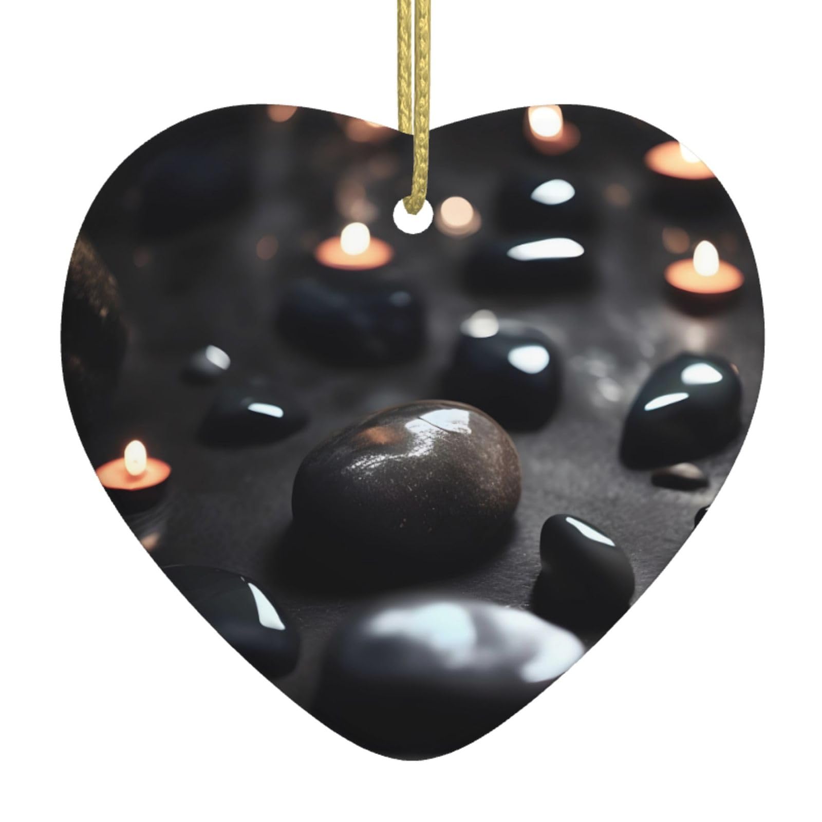 Black Mystery Heart Stone Ceramic Christmas Heart Pendant with Silk Thread, Christmas Tree Home Decoration