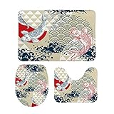 Kuizee Bath Rug Set 3 Piece Koi Fish Wave Water Circles Japanese Chinese Batroom Combination Non-Sli