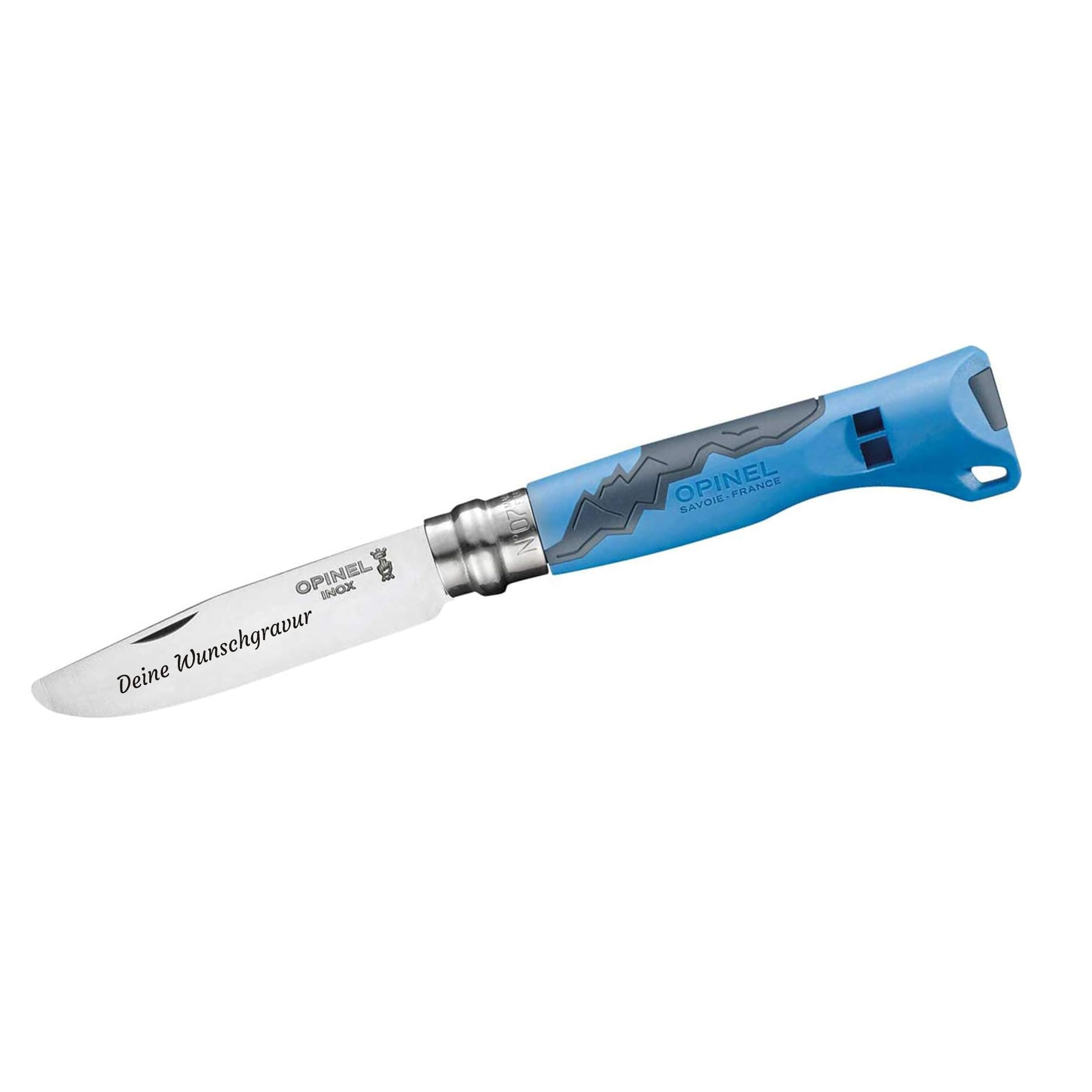 Opinel Outdoor Junior Kindermesser mit Kunststoffgriff | persönliche Gravur | vorne abgerundete Spitze | rostfrei | Signalpfeife | Virobloc | Geschenk (blau)
