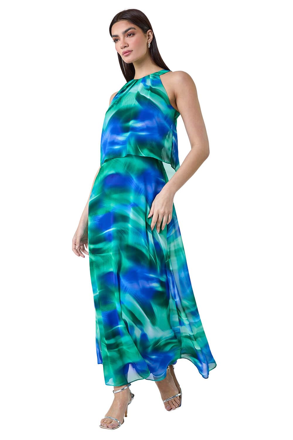 Roman Originals Abstract Print Chiffon Overlay Maxi Dress for Women UK - Ladies Everyday Holiday Spring Summer Halter Neckline Comfy Soft Evening Vacation Work Party - Blue - Size 14
