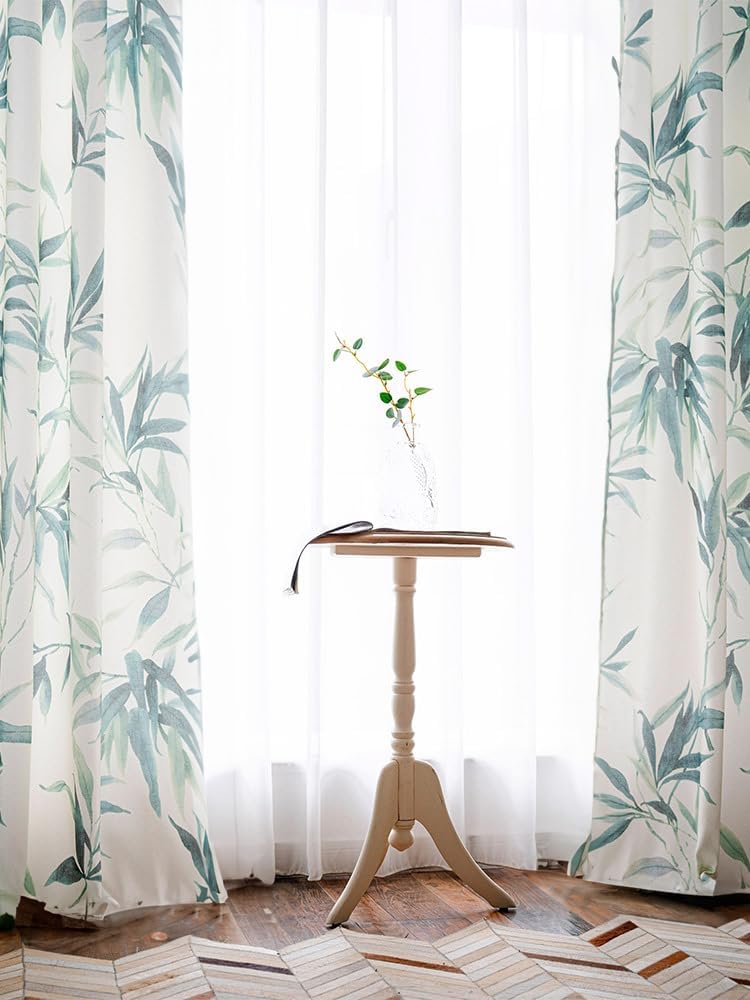 White Semi Blackout Curtains for Living Room, Farmhouse Drapes Leaf Floral Patterned for Bedroom, Satin Vintage Country Curtain 45 inch Length 1 Panel Sage Green (Rod Pocket Curtains, 52"W x 45"L)