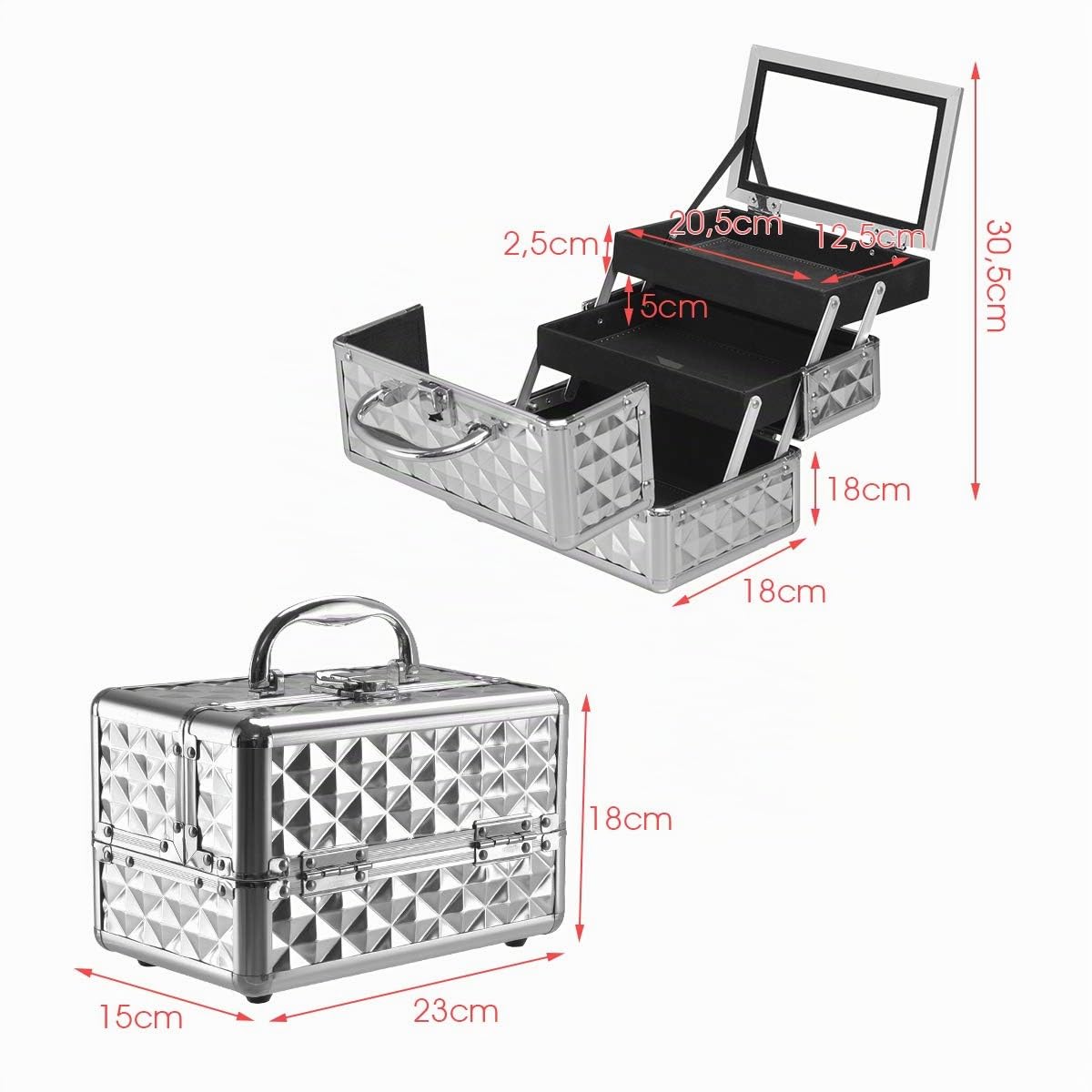 RELAX4LIFE Kosmetikkoffer, Schminkkoffer mit Spiegel, Kosmetikkasten tragbar für Reise, Beauty Case 3 Fächer, Make up Box für Lippenstifte & Nagellack & Schmuck, Friseurkoffer klappbar (Silber)