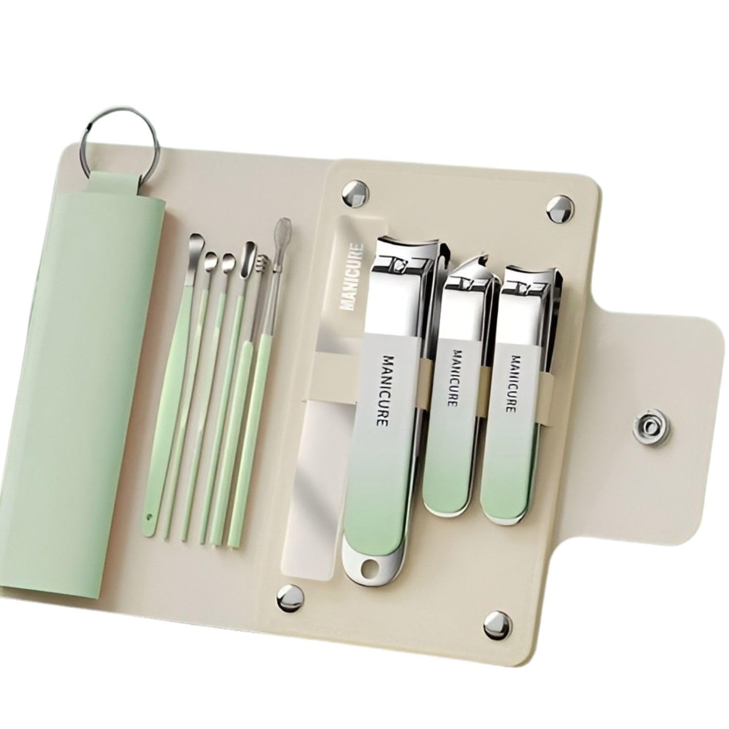 First Beauty Professional Manicure Set, 10-Piece Nail Care Kit with Mint Green Case, Stainless Steel Tools