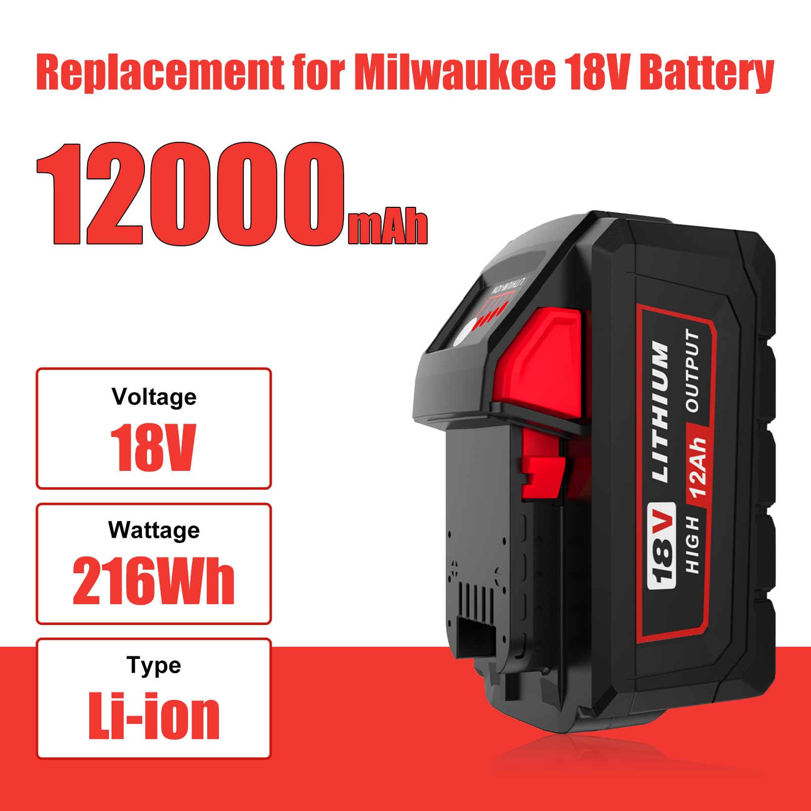 12.0Ah 48-11-1852 Replacement for Milwaukee 18V Battery, Compatible with Milwaukee 18 Volt Batteries 48-11-1862 48-11-1815 48-11-1890 48-11-1860 48-11-2230 (Multi-4pc)