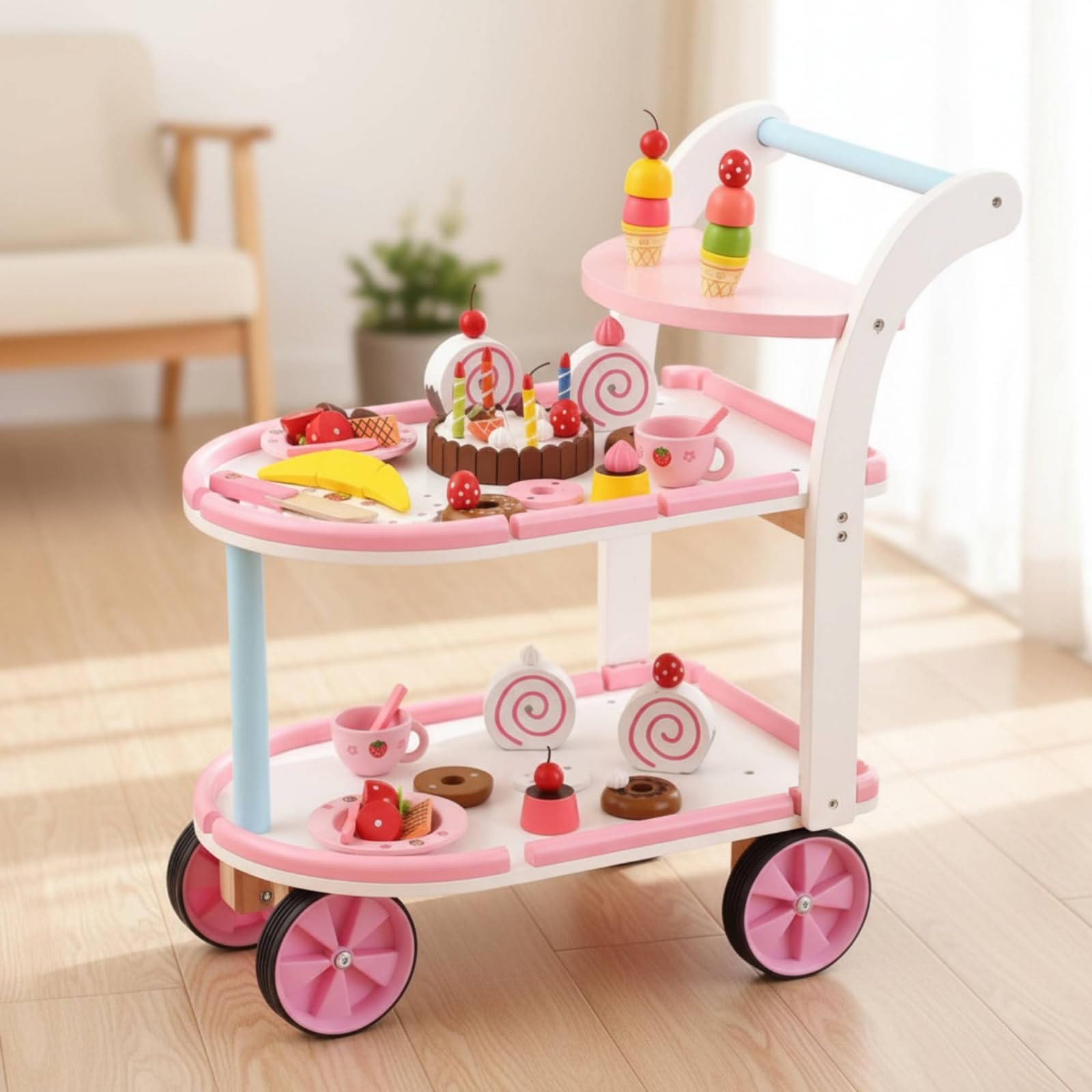 Carrello Pasticceria Bambini Giocattolo Cucina Carrello Dessert Banco Ruote Maniglia in Legno Finto Gioco Servizio Dolce con Ripiani Materiale Legno