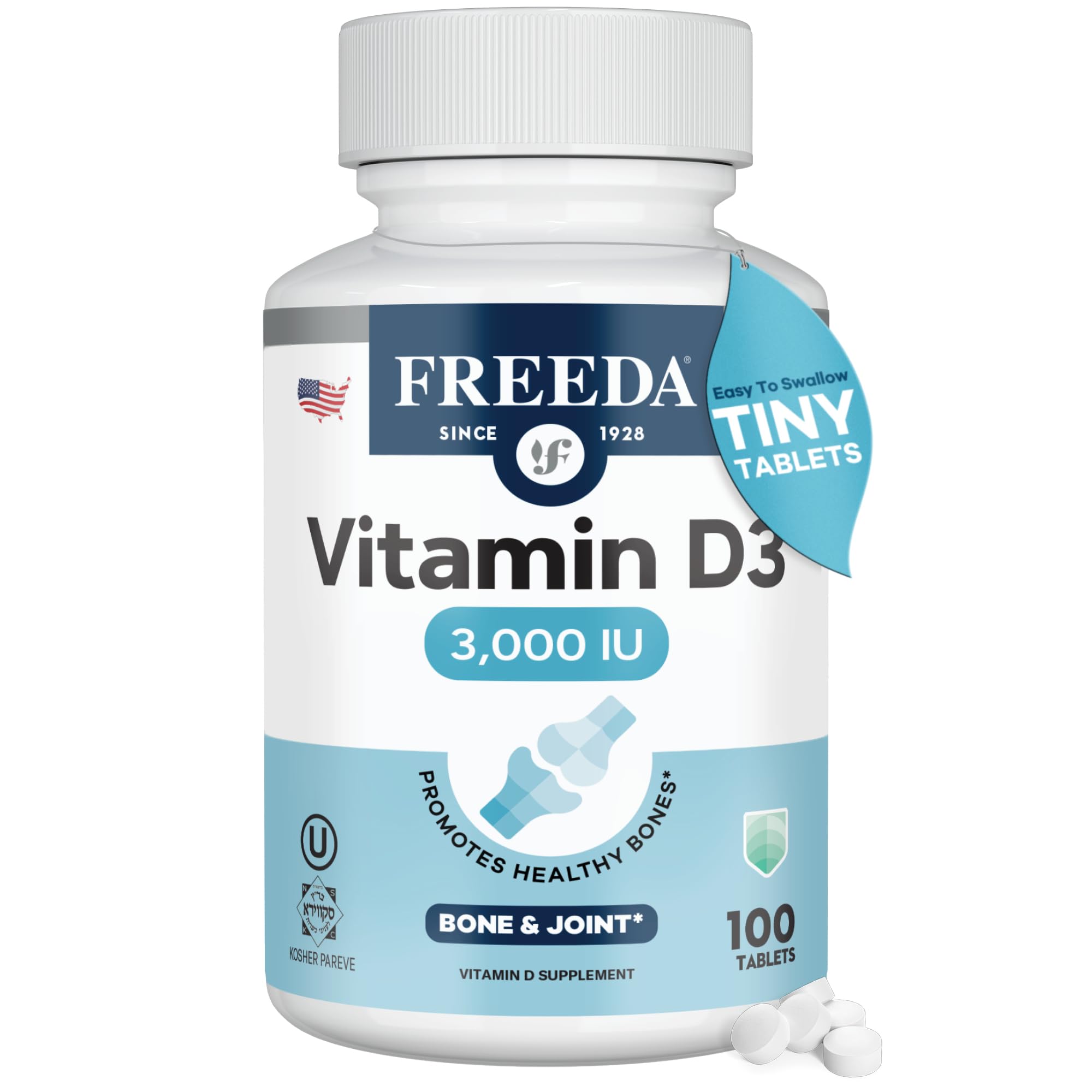 FREEDA Vitamin D3-3000 IU - Pure High Potency Kosher Supplement Tablets - Bone and Muscle Health, Calcium Absorption, Immune Support for Men and Women* - 100 Tiny Tablets 100 count