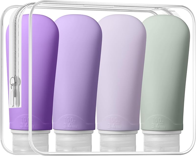 INSFIT Frascos Recarregáveis de Silicone para Viagem com Etiquetas, Pacote com 4 e Necessaire Transparente