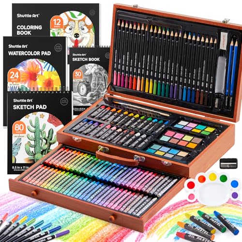 Shuttle Art 149 Piece Deluxe Art Set, Art Supplies in Wooden Case, Painting Drawing Art Kit with Crayons Colored Pencils Oil Pastels Watercolor Cakes Coloring Book Sketch Pad for Kids Adults