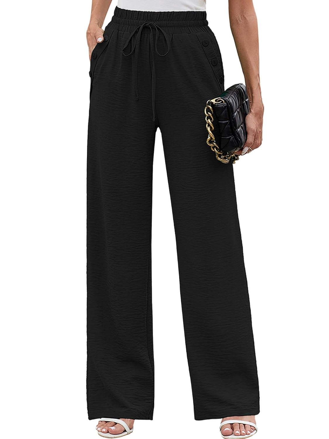 Heymoments Womens Wide Leg Lounge Pants Lightweight High Waisted Adjustable Tie Knot Loose Fit Trousers with Pockets