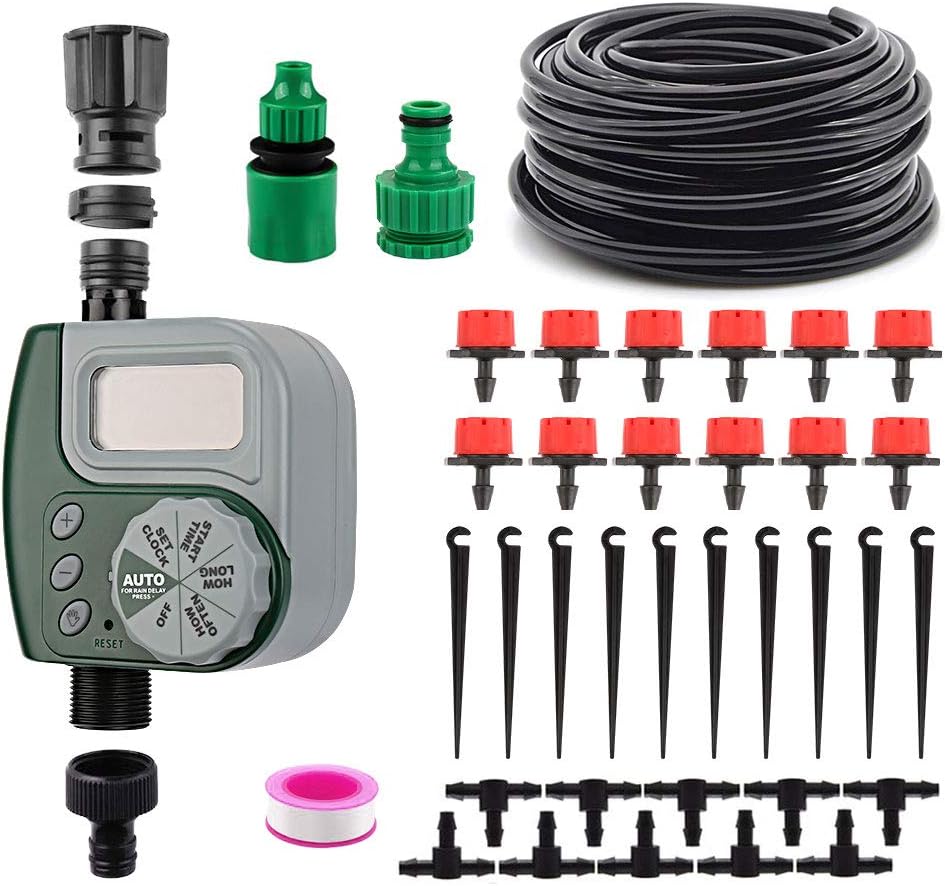VAlinks Irrigation System with Digital Timer, Automatic Garden Irrigation System, 1/4" Blank Distribution Tubing Hose with 33ft for Garden, Greenhouse, Flower Bed, Patio, Lawn