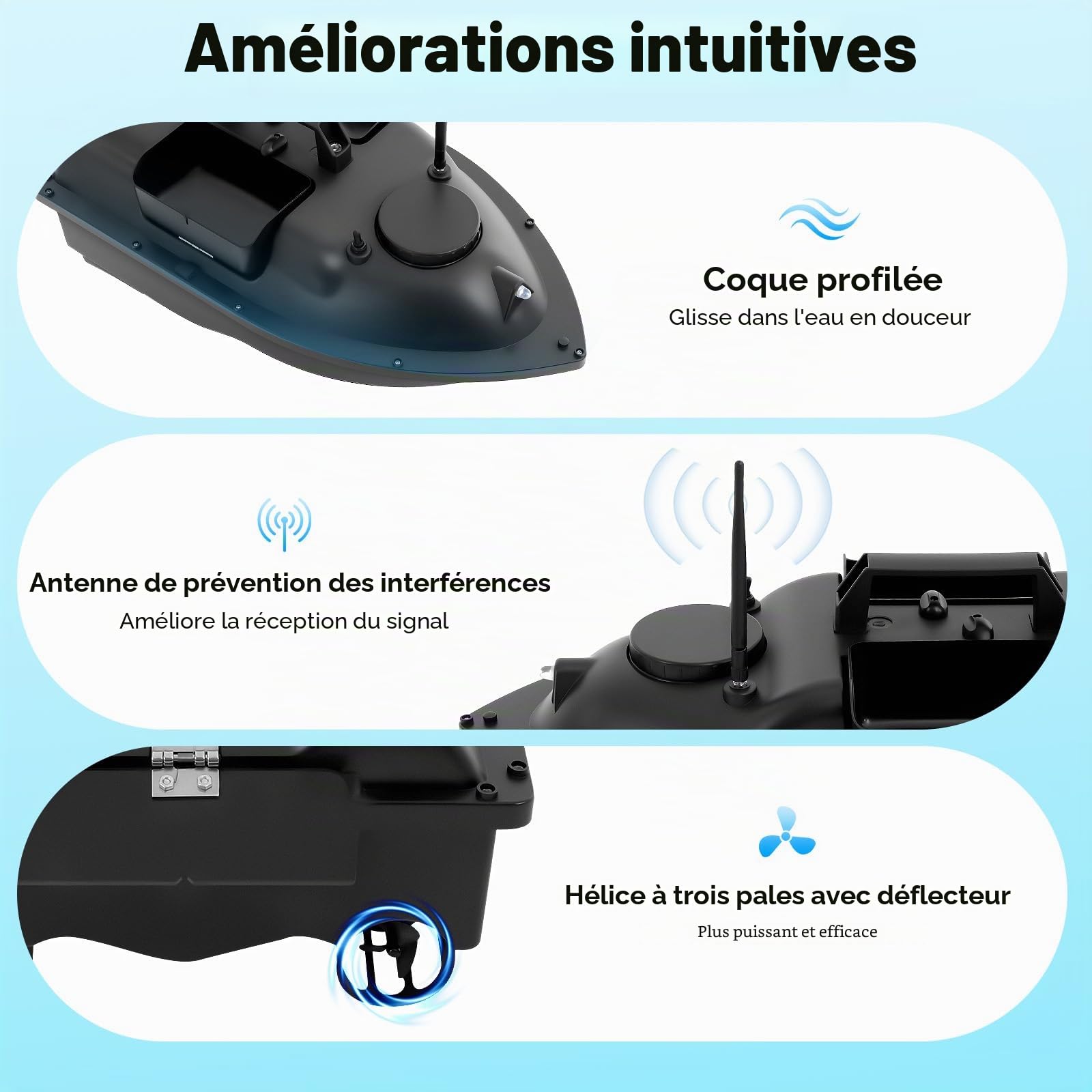 Bateau Amorceur GPS, sans Fil, Bateau Amorceur Télécommandé, Pêche L'appât, Convient pour Lancer dans Rivières, Lacs Les Eaux Peu Profondes (Noir)