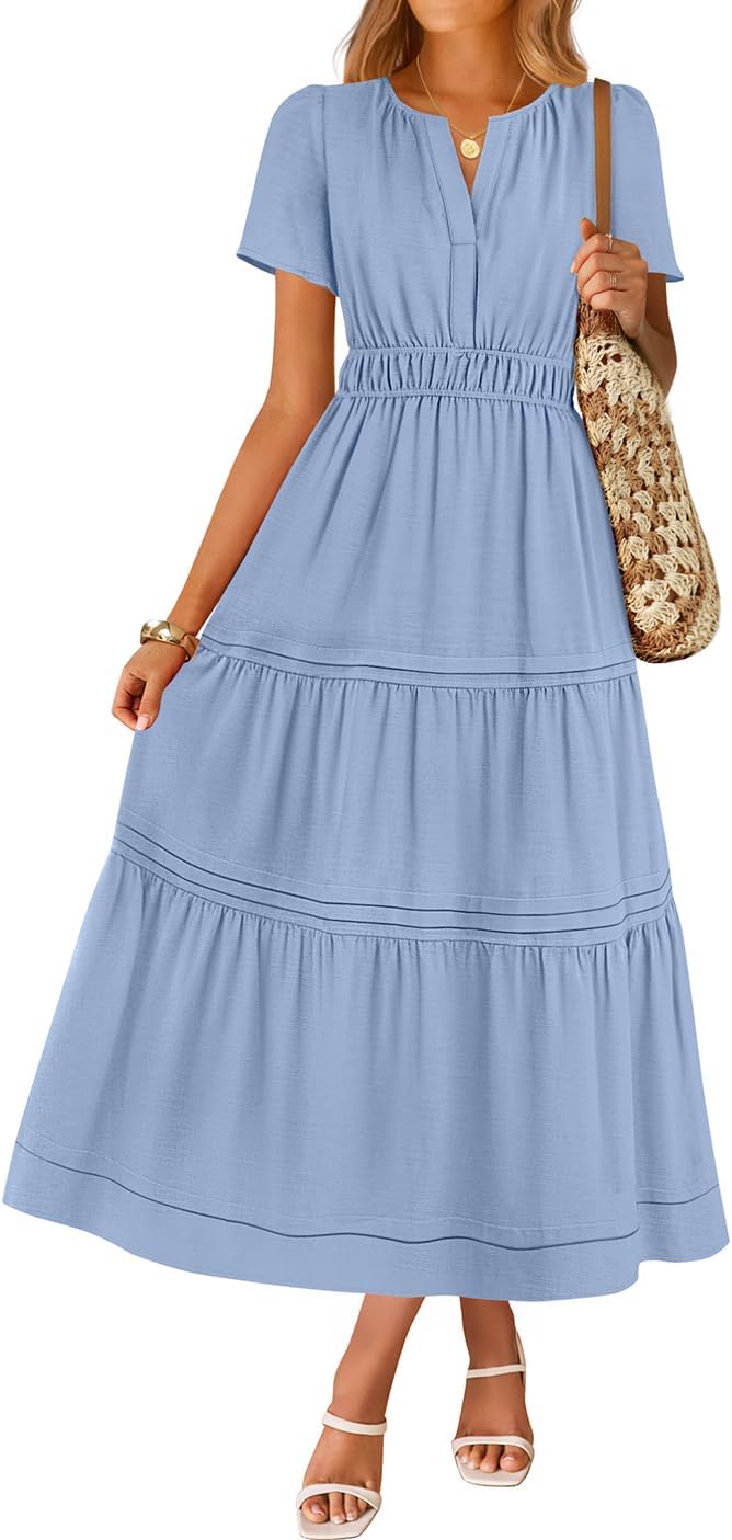 ZESICA Women's Summer Casual Short Sleeve Midi Dresses 2026 V Neck Elastic Waist Tiered Flowy Boho Dress with Pocket