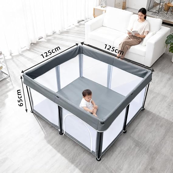 Baby Playpen Foldable with Mat 125x125cm Portable, Safe, and Spacious Collapsible Play Pen for Baby and Toddlers, Safe & Durable for Indoor and Outdoor Use(Dark Grey)