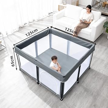 Baby Playpen Foldable with Mat 125x125cm Portable, Safe, and Spacious Collapsible Play Pen for Baby and Toddlers, Safe & Durable for Indoor and Outdoor Use(Dark Grey)