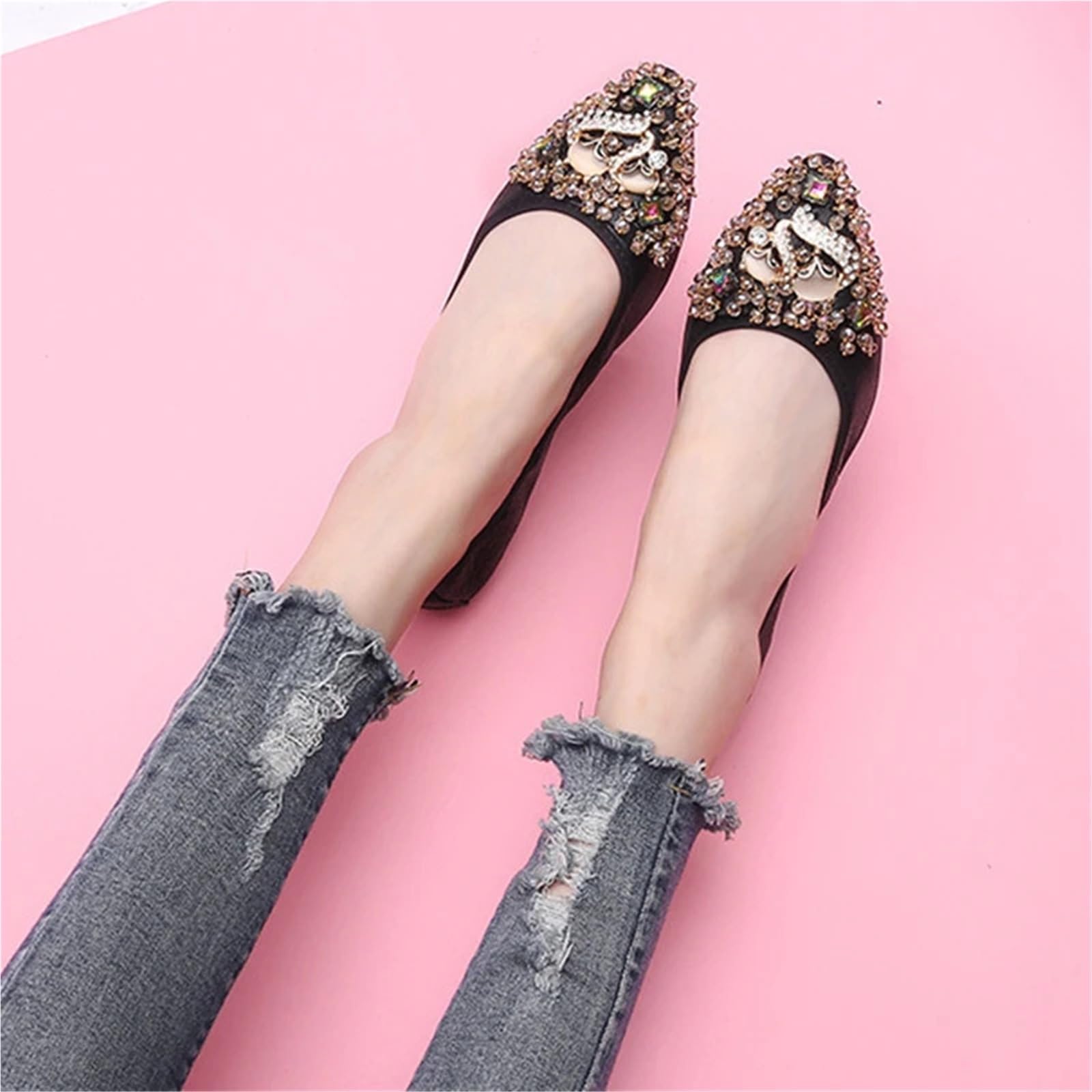 Zapatos Planos de Ballet Plegables Talla Grande, Suela Blanda Cristal Brillante, Parte Inferior Oxford Antideslizante for Mujer | Black,5