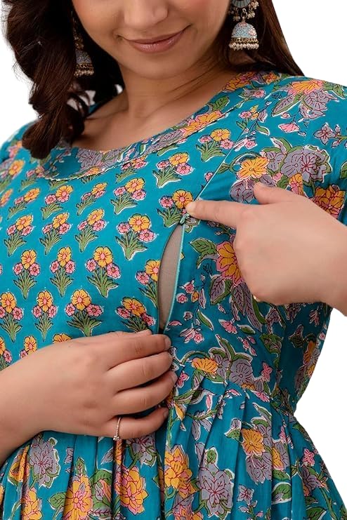 Image of Women's Pure Cotton All Over Printed Maternity Feeding Kurti | All Over Print Maternity Gown