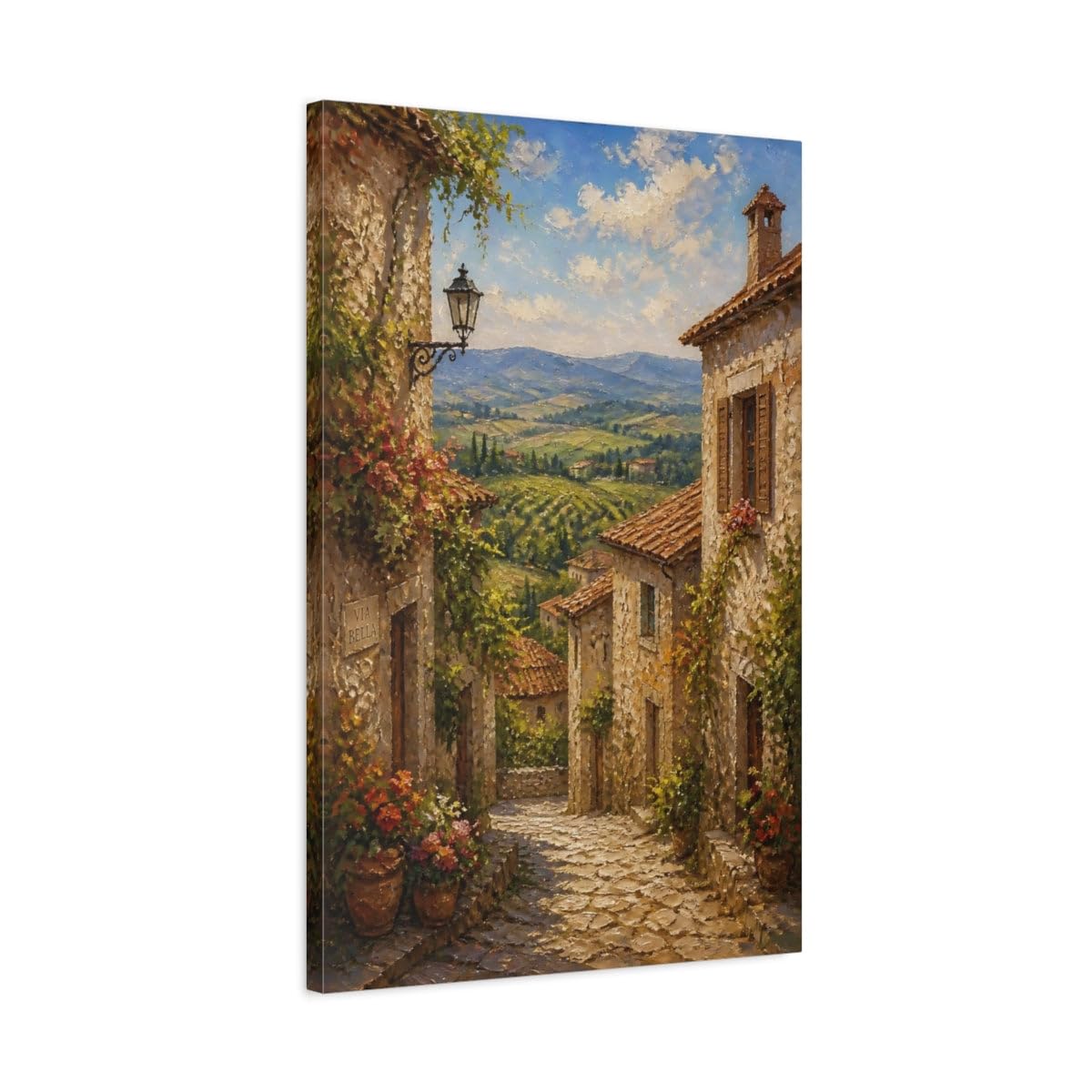 Sunlit Village Lane Canvas Print – Living Room, Above Sofa 20×30 inch (50×75 cm) - Vertical / 1.25 inch (3 cm)