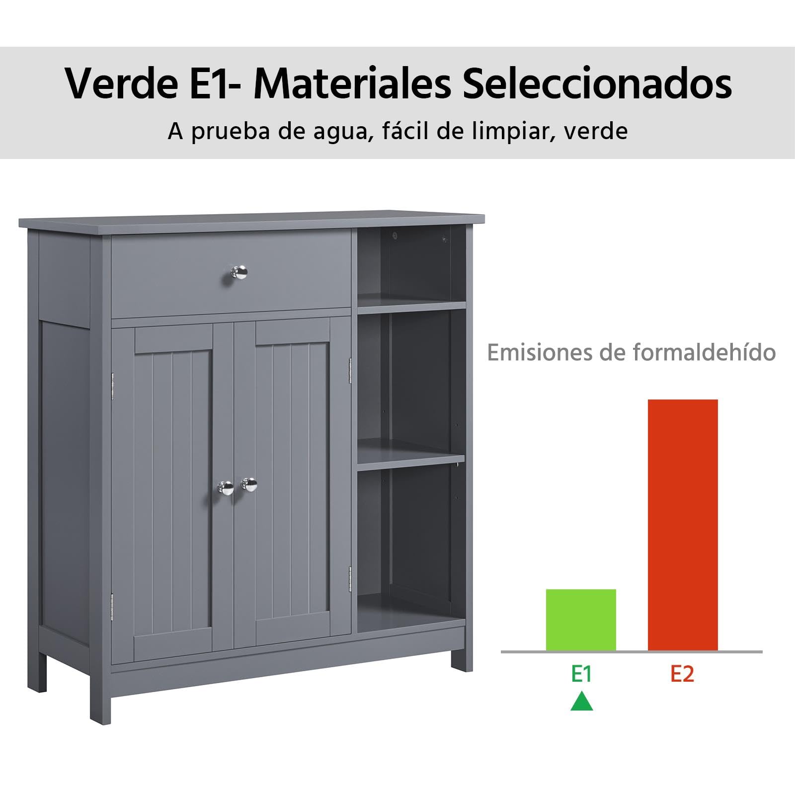 Yaheetech Mueble de Baño de Suelo Auxiliar de Madera Armario Baño con Cajón y Puertas Mueble de Cocina con Estante Ajustable 75 x 30 x 80 cm Gris