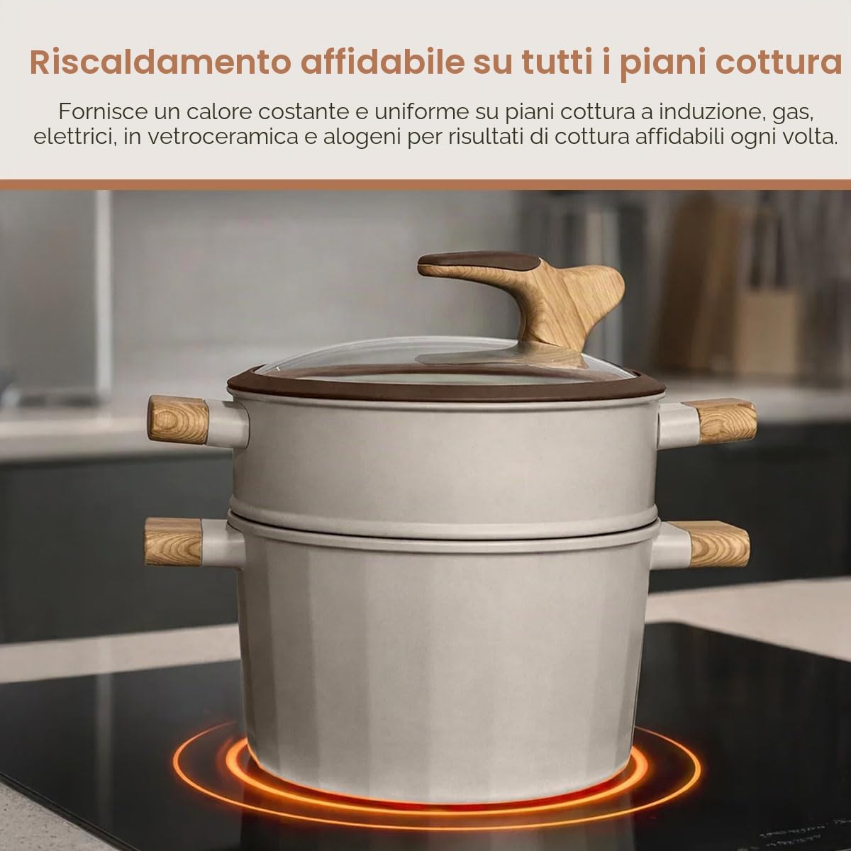 Royal Swiss Pentola per cuocere a vapore per cucinare in modo sano, 24 cm, in acciaio inox, con coperchio in vetro, manici in bambù, adatta a piani cottura a induzione, calore uniforme, facile da