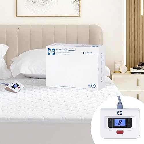 Sealy Protector de colchón térmico tamaño individual, calentador de cama eléctrico acolchado de lujo con 10 ajustes de calor y apagado automático de