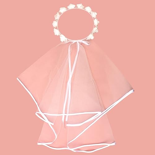 BAHABY Bachelorette Party Decorations White Flower Crown with Veil Wedding Veil Bridal Shower Gift Veils for Brides Engagement Party Decorations
