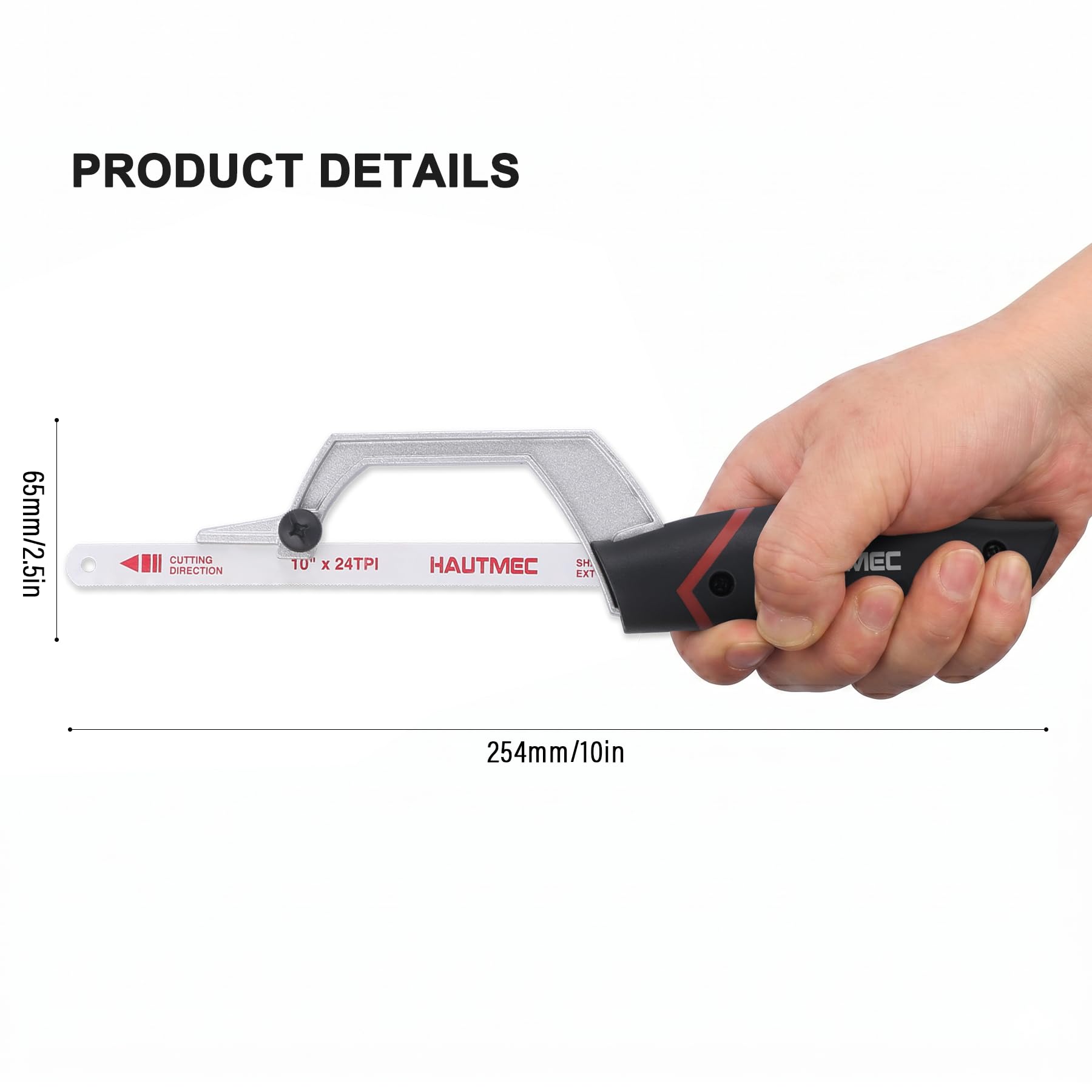 HAUTMEC Kompakte Mini-Bügelsäge 250 mm mit Bi-Metall HSS Sägeblatt, Aluminium-Metallsäge mit Schnittführung, Handsäge für Metall, PVC, Kunststoff & Holz, Ideal für enge Stellen – HT0427