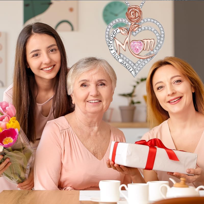 Rose Birthstone Gifts for Mom, S925 Sterling Silver Rose Heart Pendant Birthstone Necklace Mothers Day Valentines Day Christmas Birthday Jewelry Gifts for Mom - Image 2