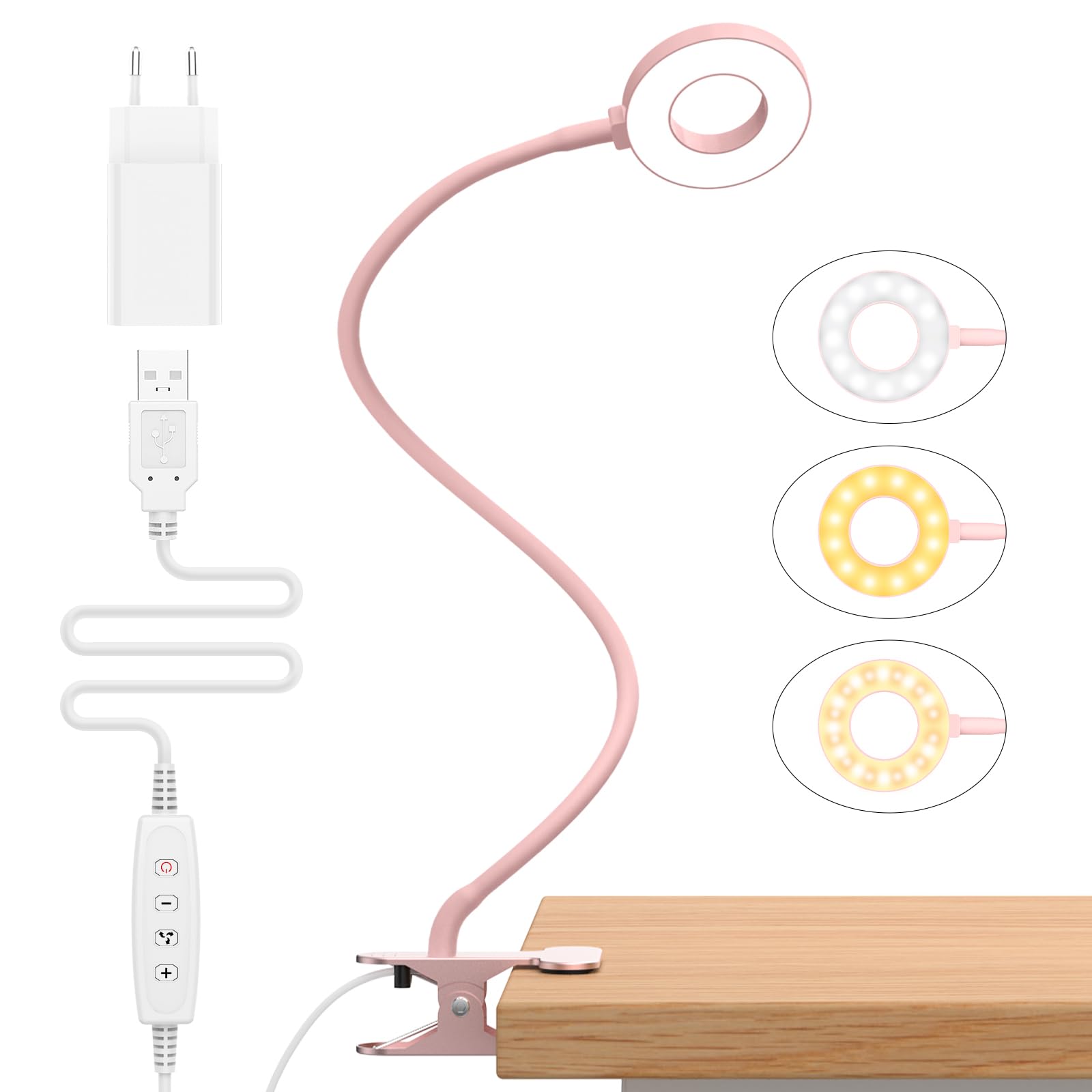 iZELL Lampada da Lettura 23 LED con Caricatore USB Lampada con Pinza-3 Colore e 10 Luminosità, 70 CM Blocca 99.99% della Luce Blu Lampada Scrivania con Morsetto per Libro, Lavoro, Letto, Tavolo-Rosa