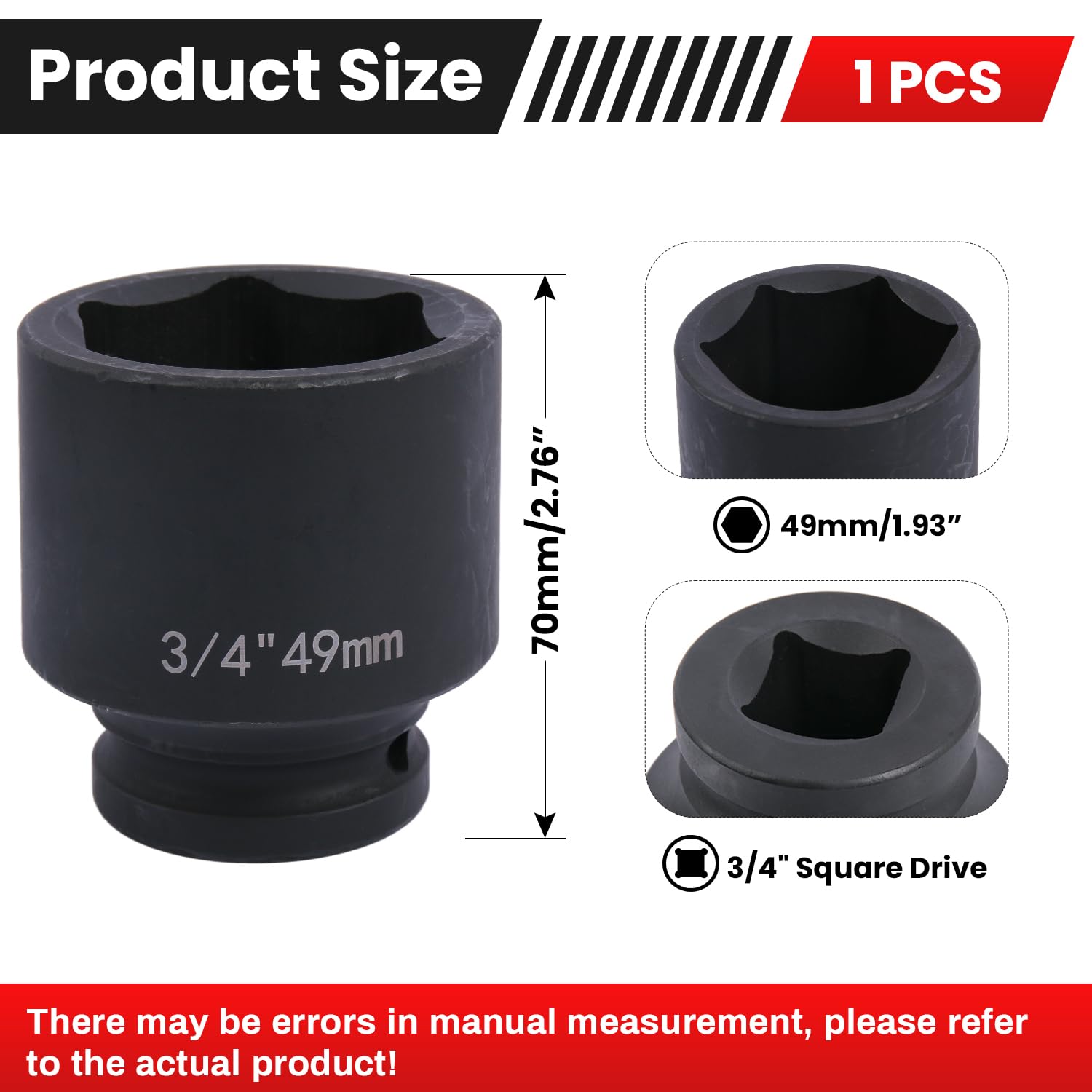 Deep 6-Point Impact Socket 3/4" Drive 49mm,Chrome Molybdenum Steel, Anti-Rust Metric Hex Socket for Car Repairs and Impact Wrench - Image 2