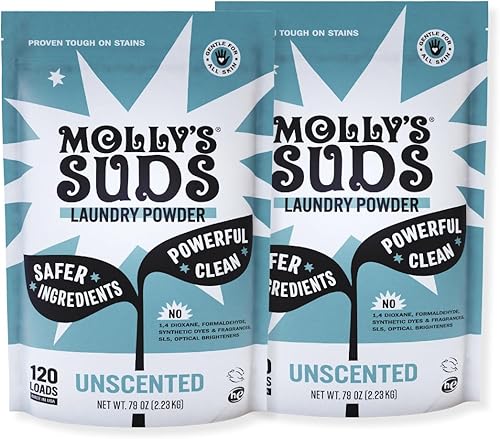 Molly's Suds Detergente en polvo sin perfume, detergente natural para la ropa para pieles sensibles, ingredientes derivados de la tierra, combate