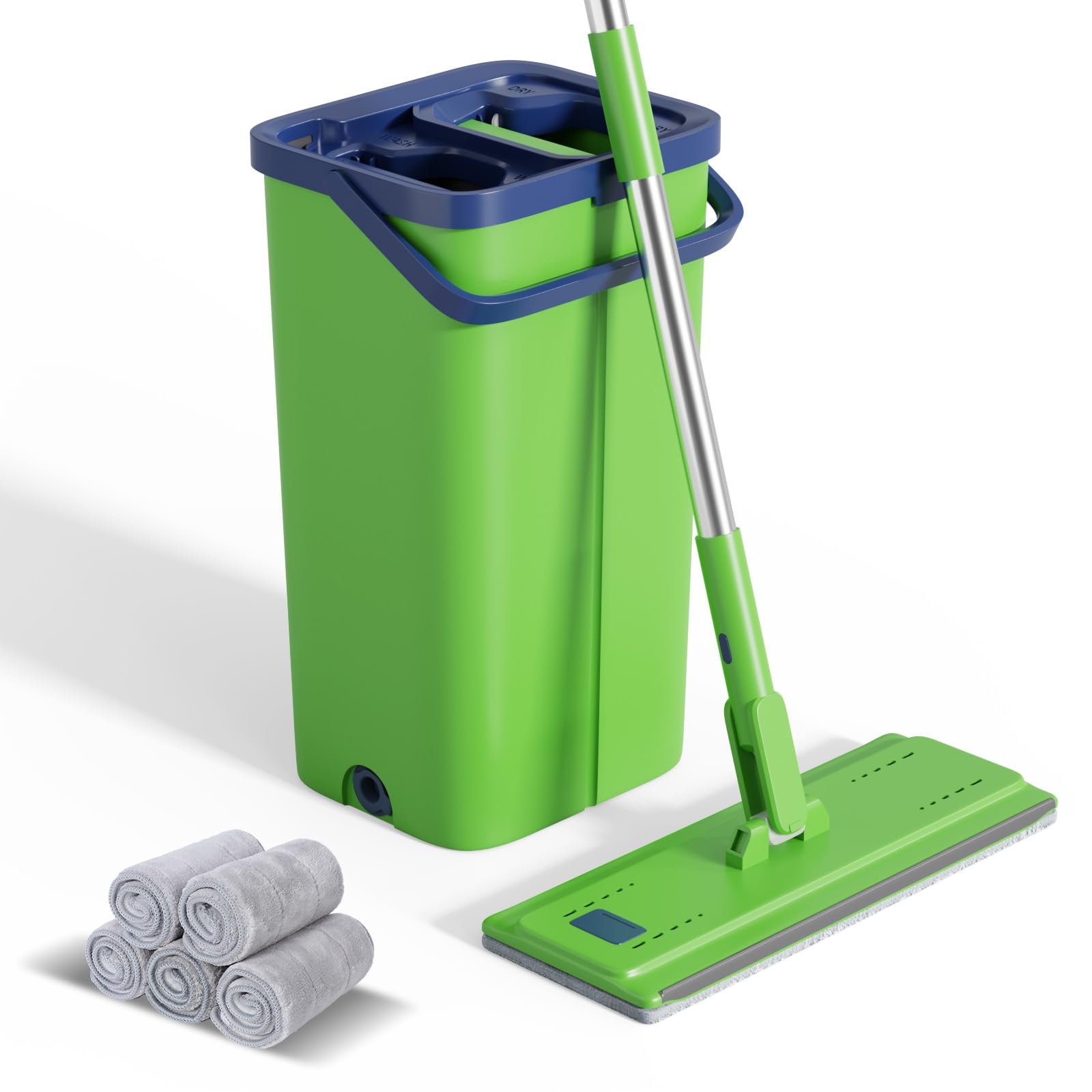 Serpillère Seau Essoreur, Balai Serpillière Plat Microfibre avec 5 Serpillères Réutilisables, Serpillère et Seau Essoreur avec Manche INOX, Serpillere Balais Nettoyer Sol(Vert)