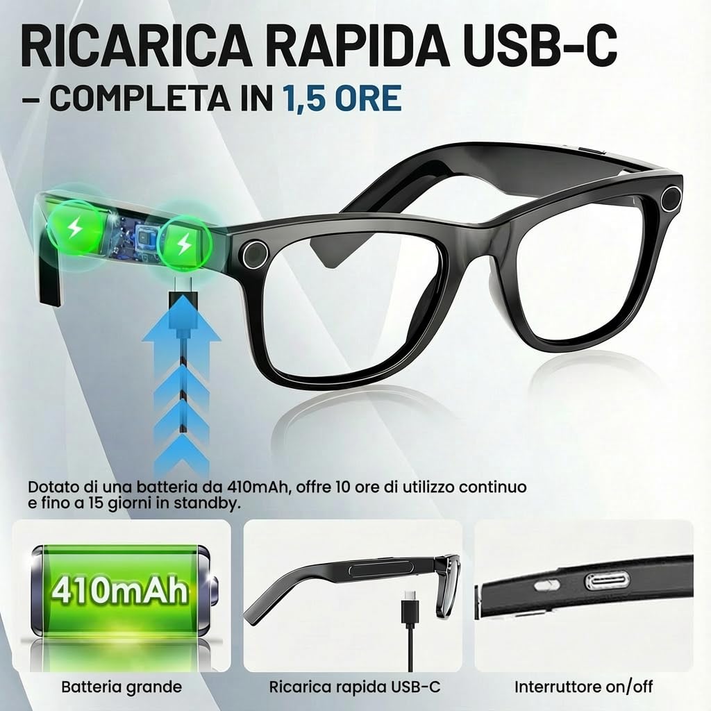 Occhiali con Telecamera 8MP 1080P Occhiali Connessi IA, Anti-Oscillazione, con Registrazione Video, Doppio Microfono, 410 mAh con 16 Ore di Autonomia