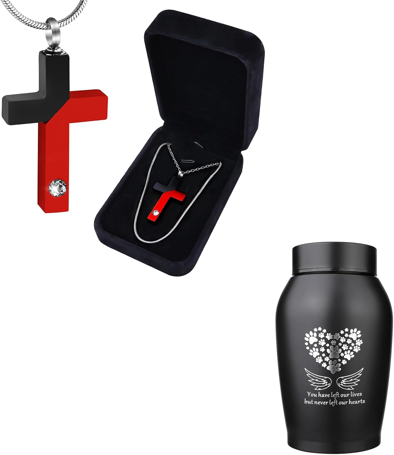 Pet Memorial Urn & Keepsake Cross Necklace Set - Stainless Steel Angel Wings Pet Urn for Dog Cat Ashes with Ashes Pendant & Filling Kit