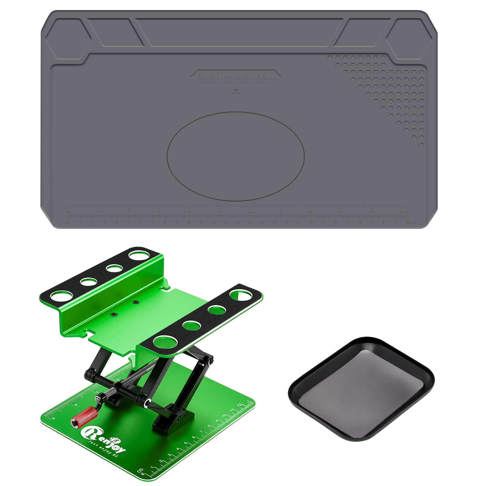 Photo 1 of RC Car Work Stand Aluminum Repair Workstation Lift Lower with Screw Tray and Silicone Working Mat for Traxxas TRX4 Axial Arrma Redcat Losi 1/8 1/10 1/12 RC Car Tool