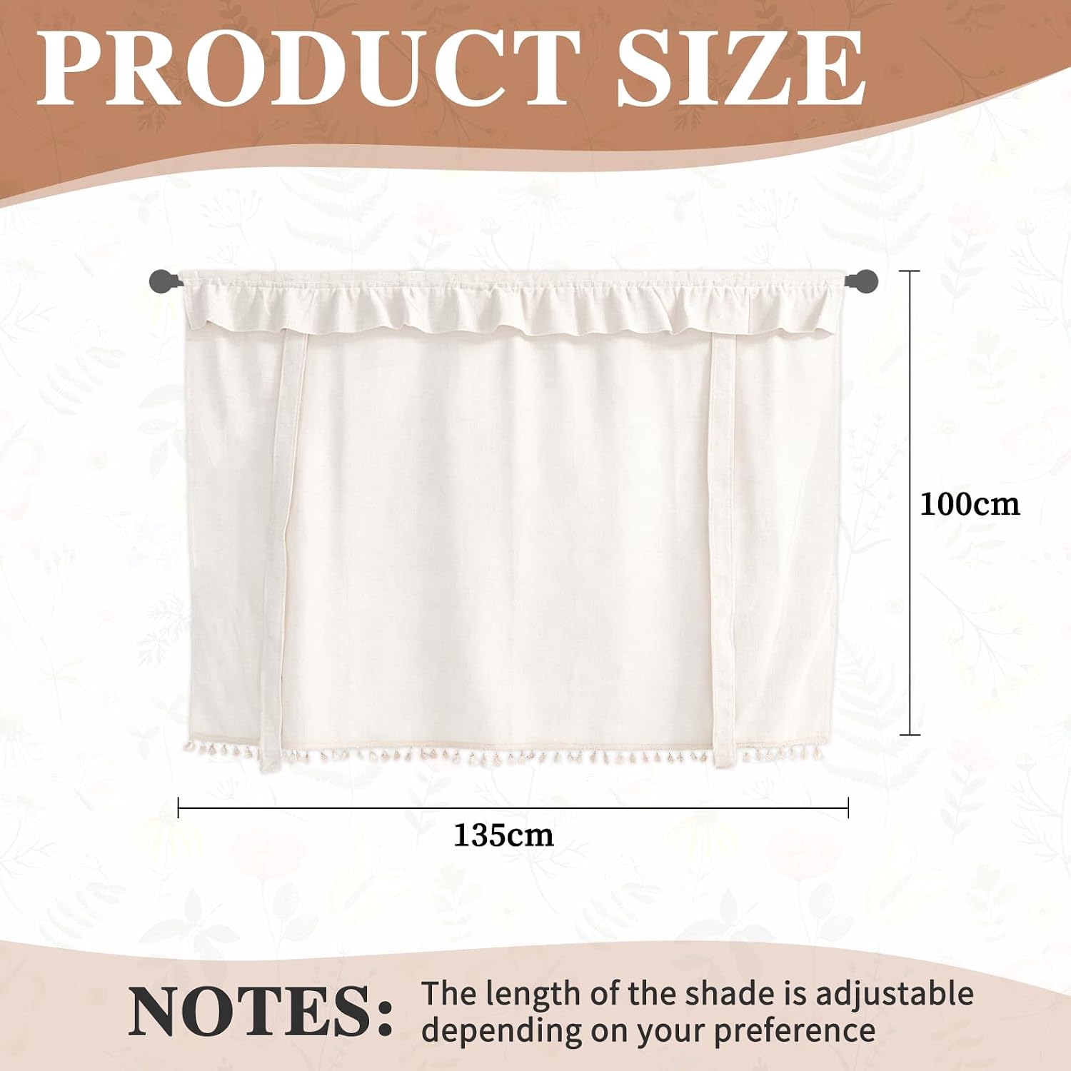 JarThenaAMCS Tied Up Window Valance Beige Bowknot Ruffled Tassel Window Tie Up Curtain Tiers for Windows Rod Home Kitchen Cafe Farmhouse Decoration 1 Panel, 54 x 40 Inch
