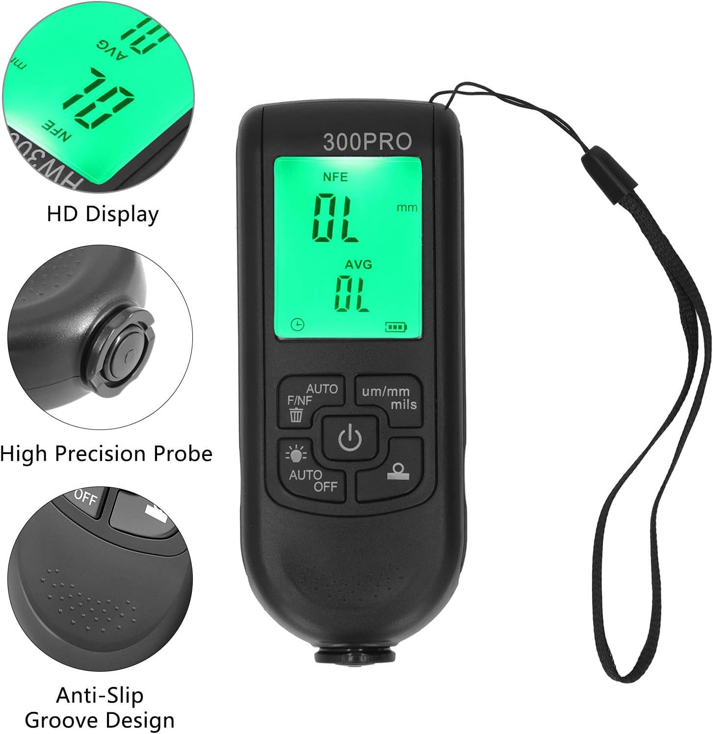 Close-up of HW300PRO display, probe, and anti-slip design
