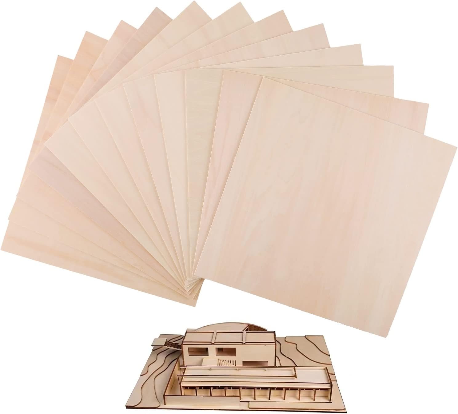 12 Pack Basswood Sheets 1/8 x 12x12 Inch Unfinished Wood Thin Plywood Sheets for Craft Natural Board for Cricut Maker Craft DIY Make House Airplane Wooden Model and Wood Burning Project
