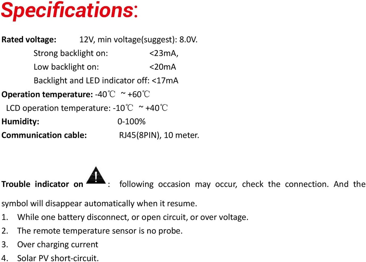 EPEVER MT-1 Remote Meter specifications table